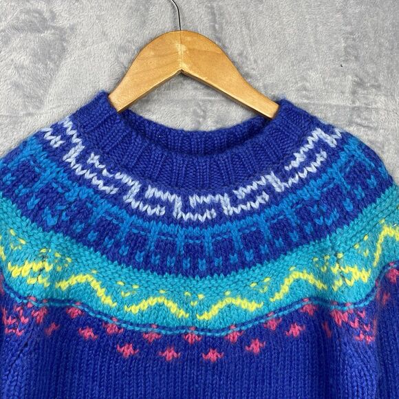 Vintage 90s Express Wool Fair Isle Chunky Sweater Size Large Blue Pink Ski Snow - Picture 2 of 5